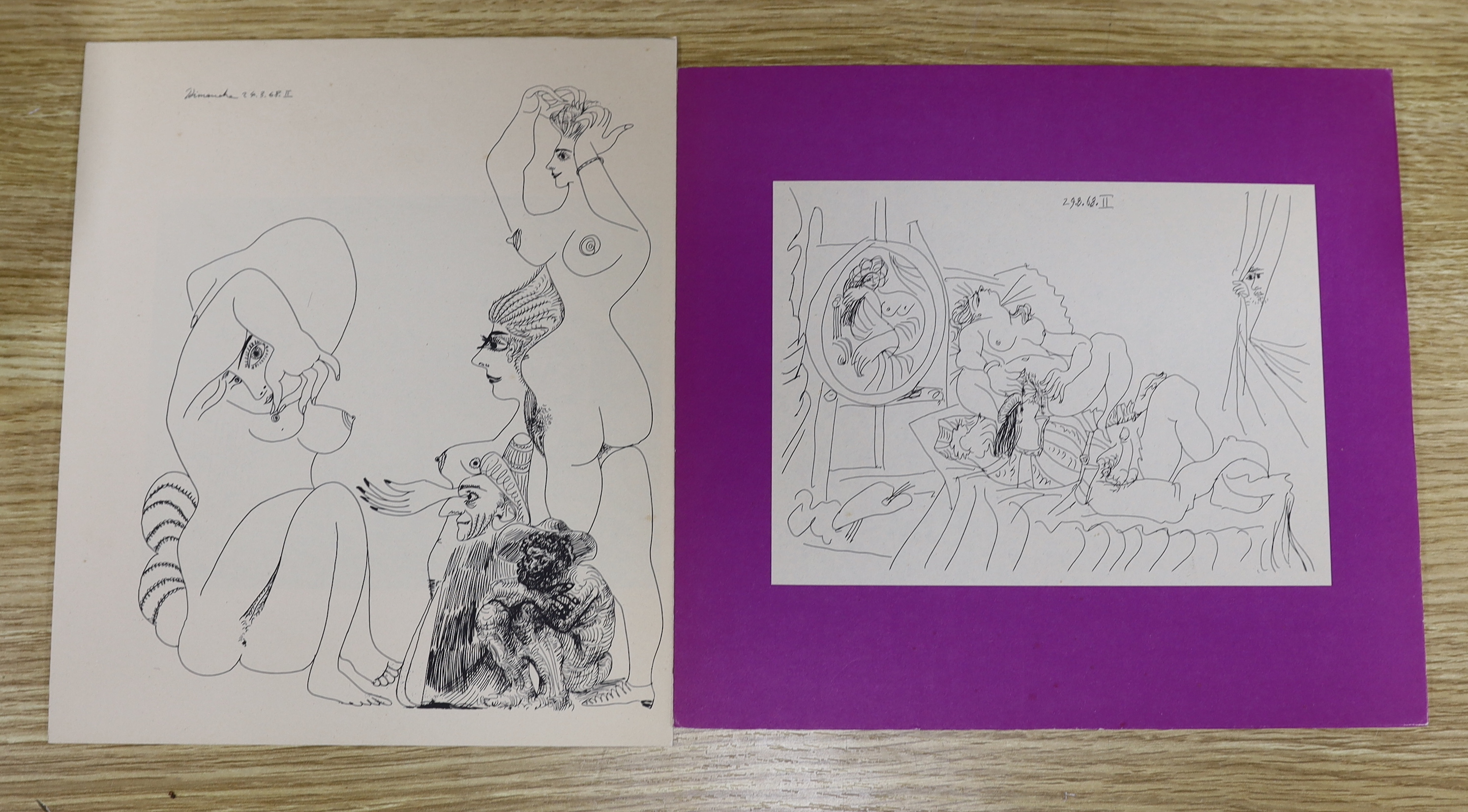 After Pablo Picasso (Spanish, 1881-1973), two erotic prints from Avant Garde Magazine, America, largest 26 x 22cm, unframed